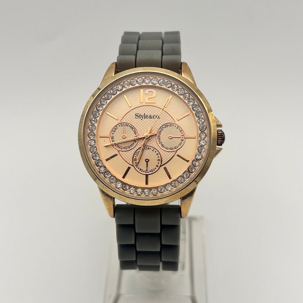 Style & Co Rose Gold Crystals Gray Silicon Band 37mm Women’s Watch Working